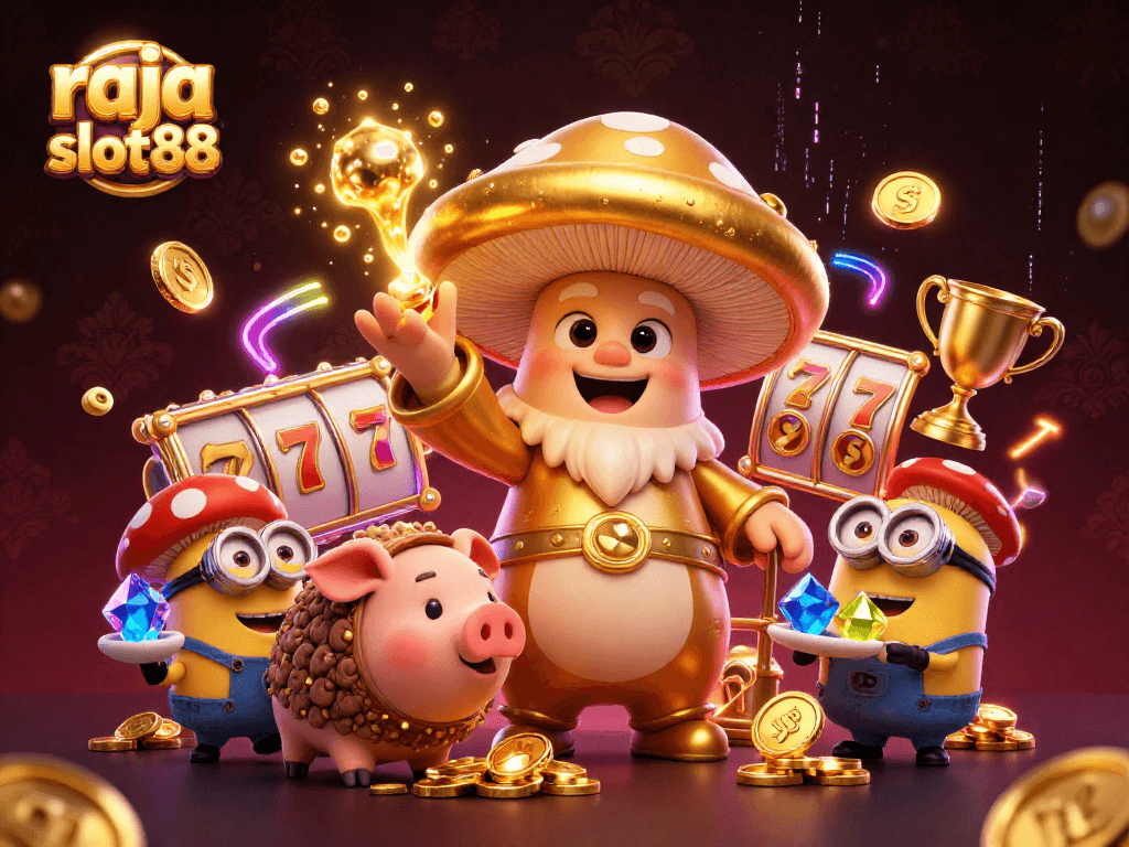 Experience the thrill of raja slot88 with golden magic and exciting slot elements in a vibrant casino scene.