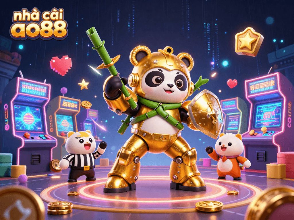 Engage with thrilling gaming action at nhà cái ao88 featuring a golden panda in a mech-suit.