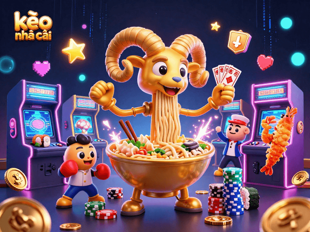 Engage with kèo nhà cái as the giant ramen bowl character deals cards in this vibrant casino illustration.