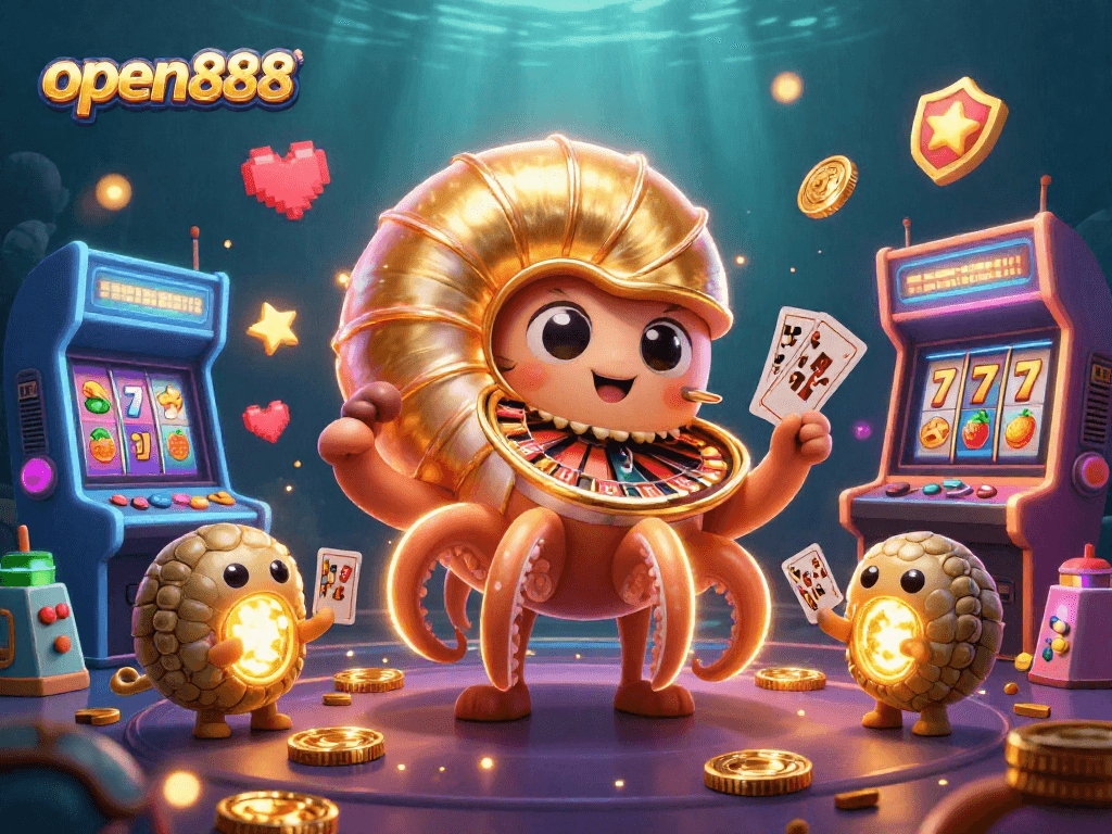 Experience open888's vibrant casino world with a glowing nautilus roulette wheel and slot symbols.