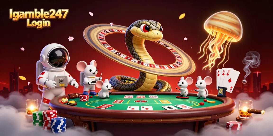 Experience the thrilling action of Igamble247 Login with cartoon characters and gambling elements