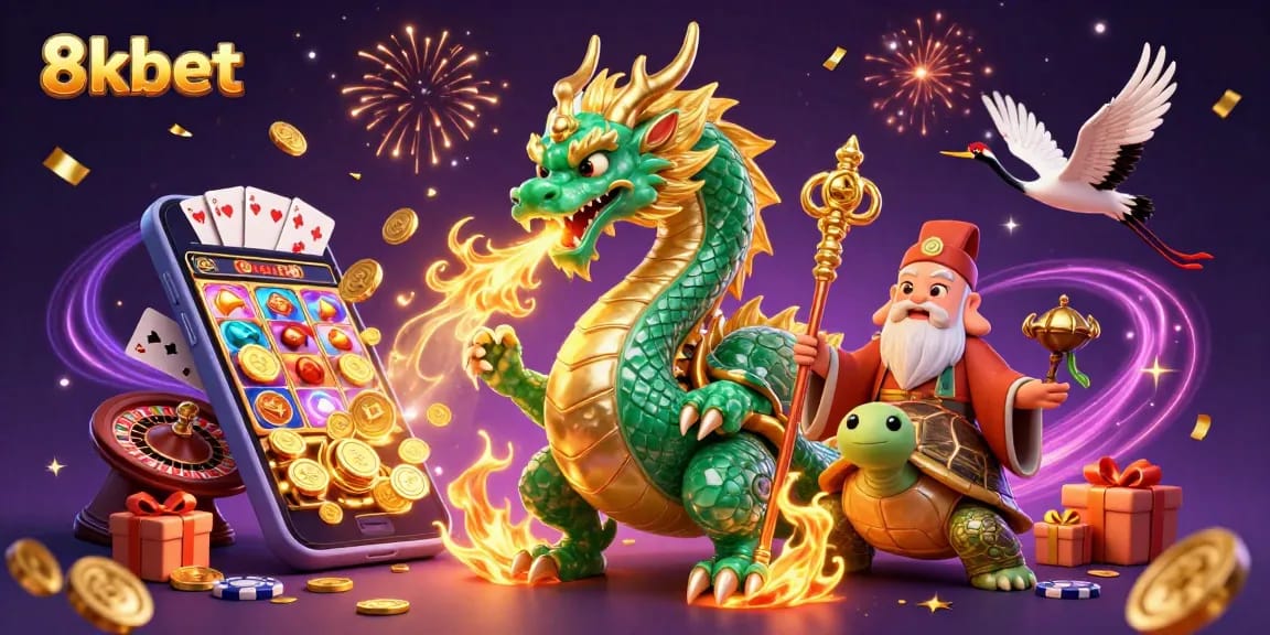 8kbet gaming illustration showcasing a vibrant casino scene with a dragon and slot games.