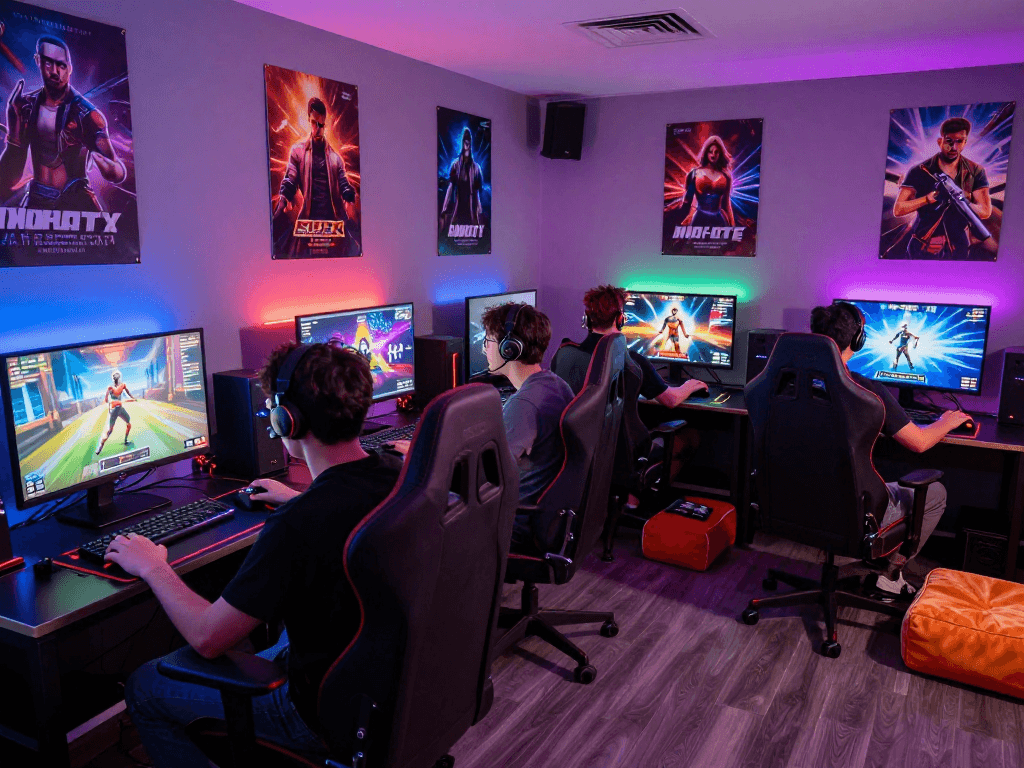 Engaged gamers enjoying popular porn games in a vibrant gaming room.