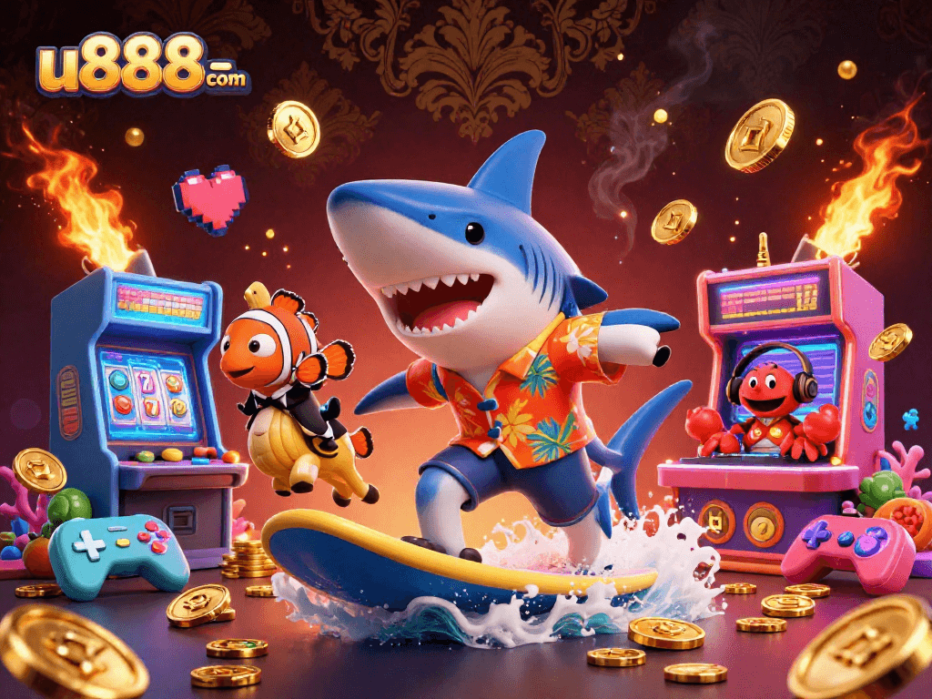 Unique casino-themed illustration showcasing u888com with dynamic casino elements and vibrant characters.