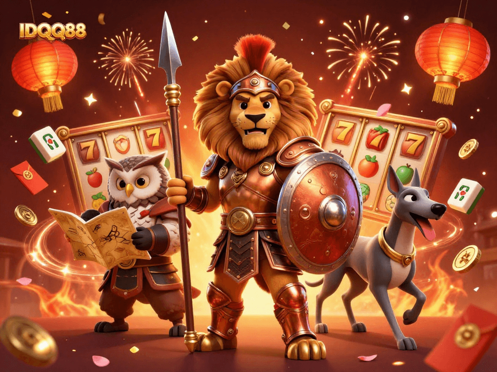 Experience winning moments at IDQQ88 with captivating slot reels and celebratory characters.