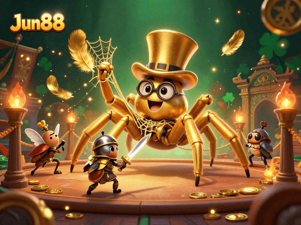 Jun88 offers thrilling gaming experiences featuring a giant golden tarantula in a vibrant 3D casino.