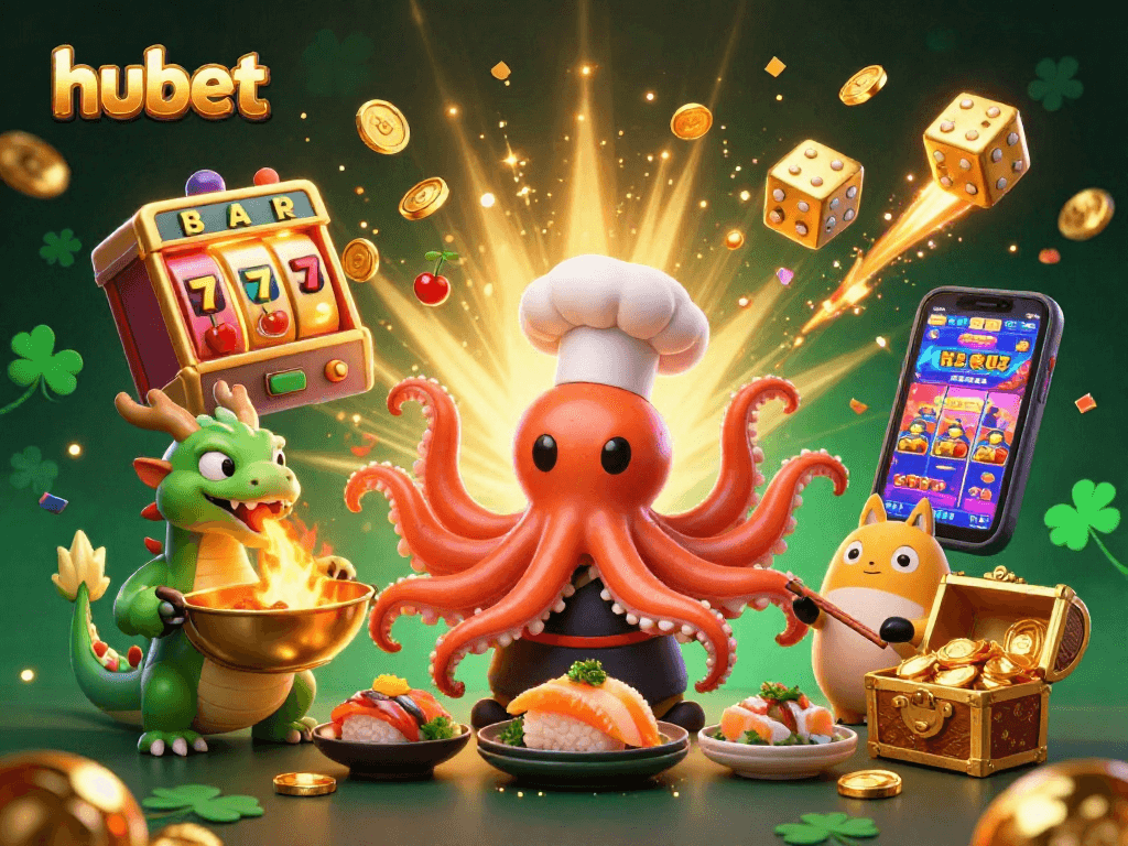 Experience the excitement of hubet casino with this vibrant 3D illustration showcasing games, big wins, and colorful characters.