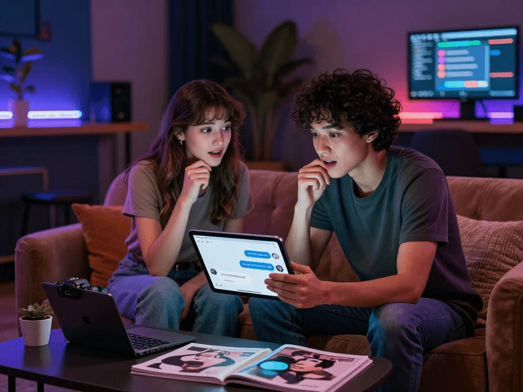 Dynamic ai chat nsfw interaction in a cozy lounge with tech gadgets.