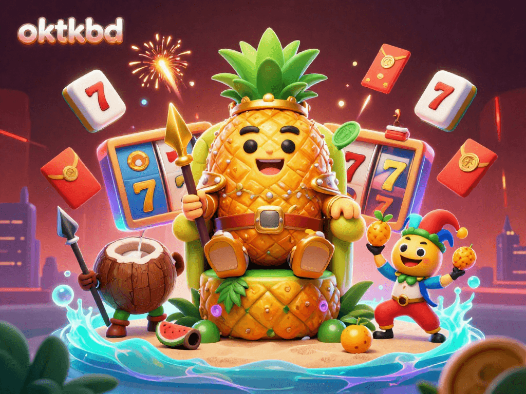 Engage with the vibrant world of oktkbd featuring a golden pineapple king surrounded by dynamic gaming elements.