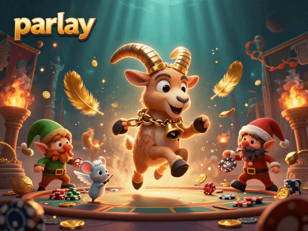 Experience the thrill of betting in parlay games with a chaotic casino scene of vibrant characters.