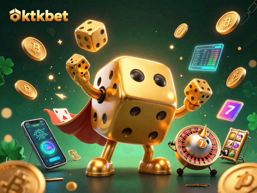 Engage with oktkbet's vibrant 3D casino illustration showcasing golden dice, crypto elements, and game symbols.