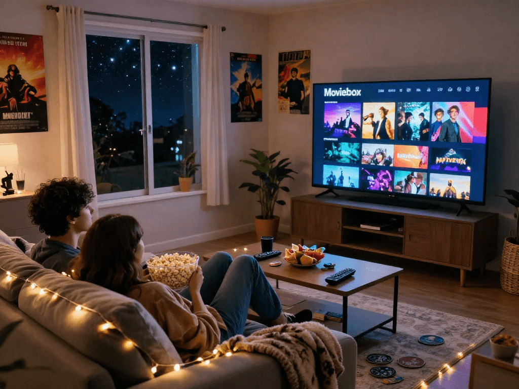 Cozy living room scene with couple watching Moviebox on TV, popcorn, and ambient lights.