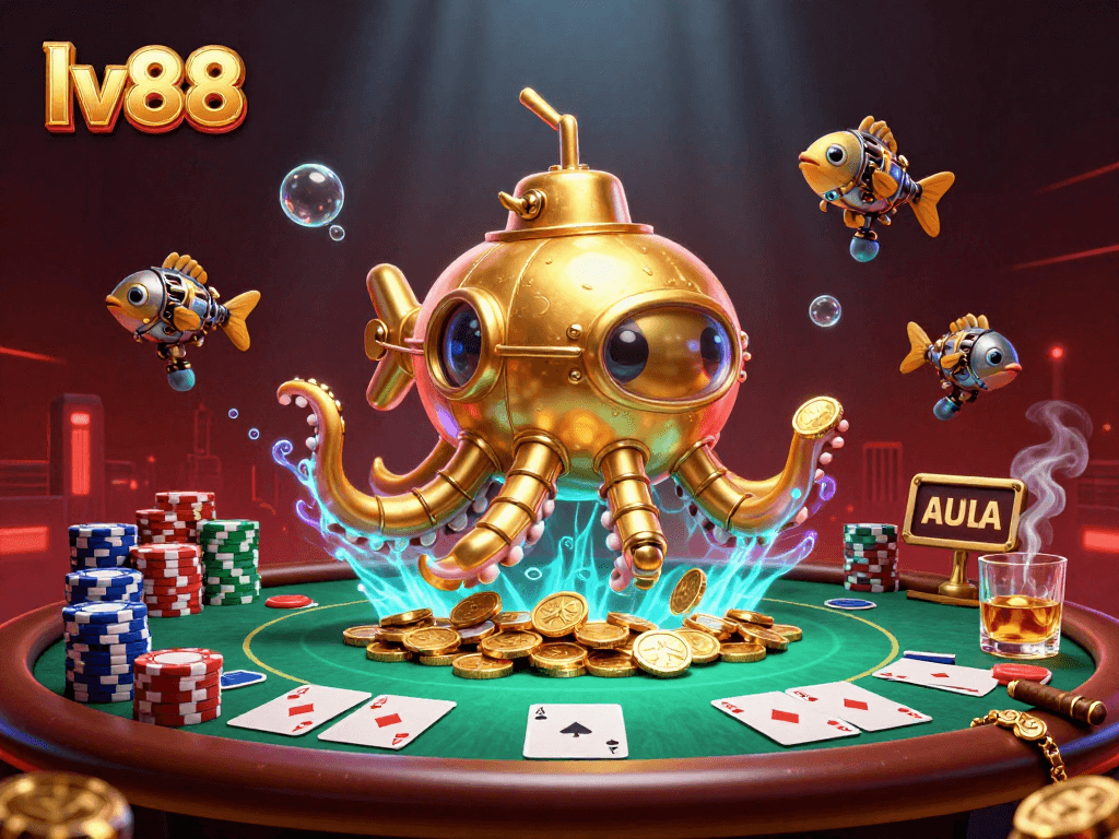 Experience thrilling gameplay with lv88's golden kraken submarine amidst vibrant poker action.