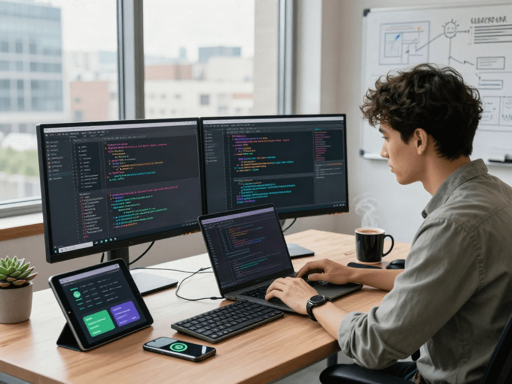 Developer coding with dual monitors in a bright office, showcasing GB WhatsApp notifications and app interfaces.