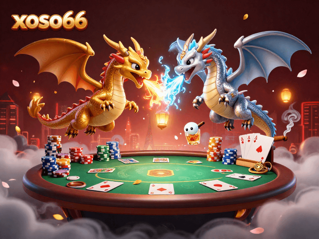 Experience the thrilling xoso66 action with legendary dragons amidst a vibrant poker scene.