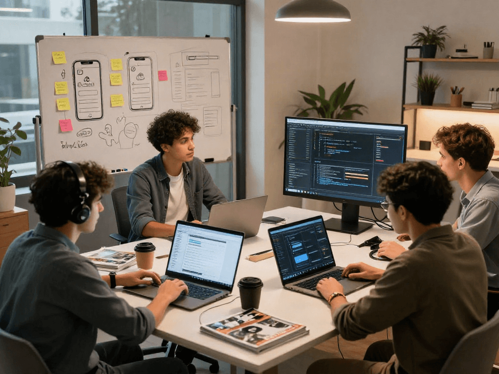 Developers collaborating on filmyzilla APK features in a modern workspace