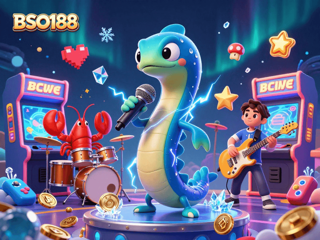 Experience the vibrant world of BSO188 with an electric eel DJ, lively sea creatures, and sparkling casino games.