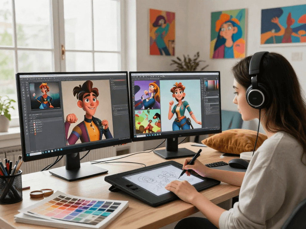 Character AI NSFW design studio with artist creating vibrant character models on digital tablet.