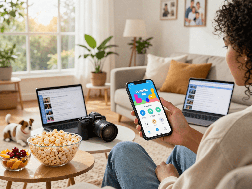 Installing cocoflix apk on smartphone in a cozy living room with vibrant decor.