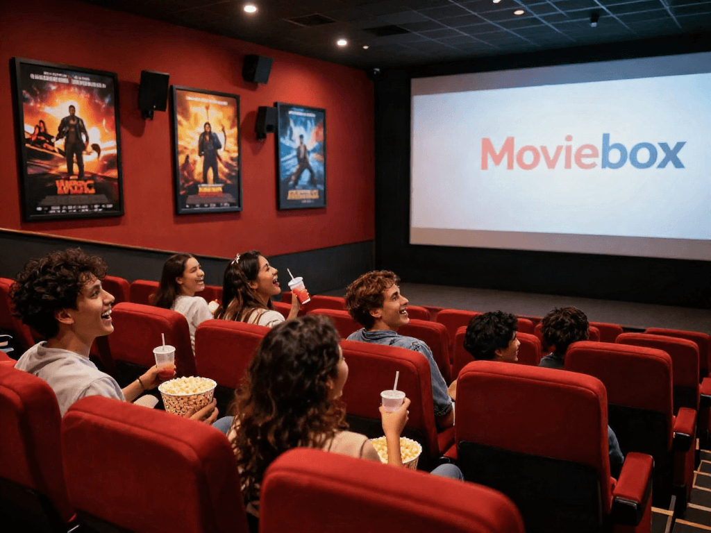 Friends enjoying a movie in a vibrant cinema with the Moviebox logo prominently displayed on the screen.