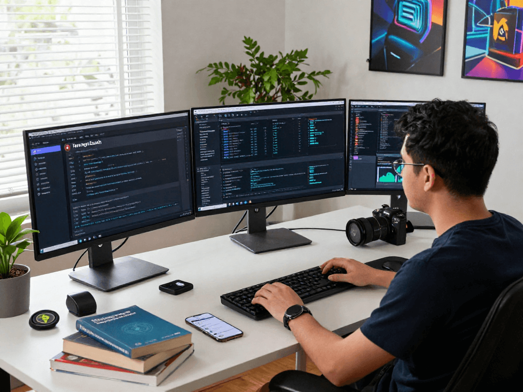 Crypto enthusiast analyzing Tornado Cash data on multiple monitors in a modern workspace