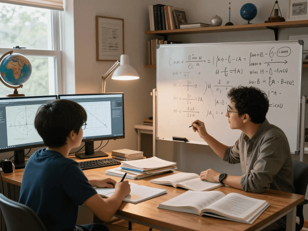 Engaged student receiving physics tuition in a cozy study with textbooks and diagrams, fostering personalized learning