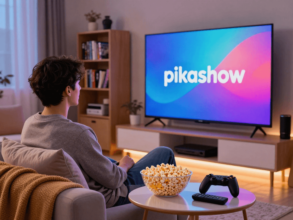 Engaging living room scene with Pikashow streaming on a TV, popcorn, and cozy ambiance