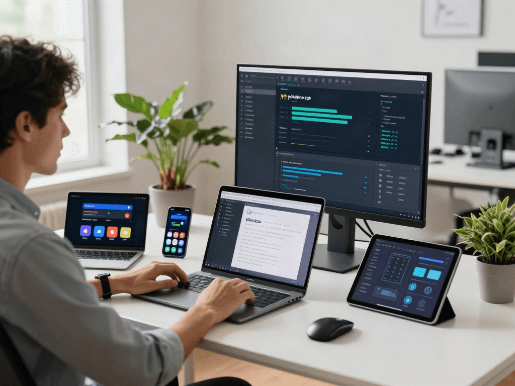 Engaging developer using pikashow apk in a modern tech workspace.