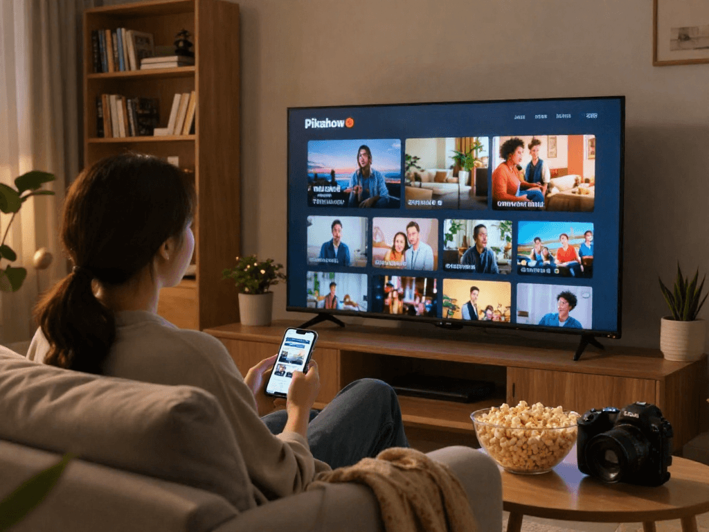 Pikashow streaming interface displayed in a cozy living room setting during evening.