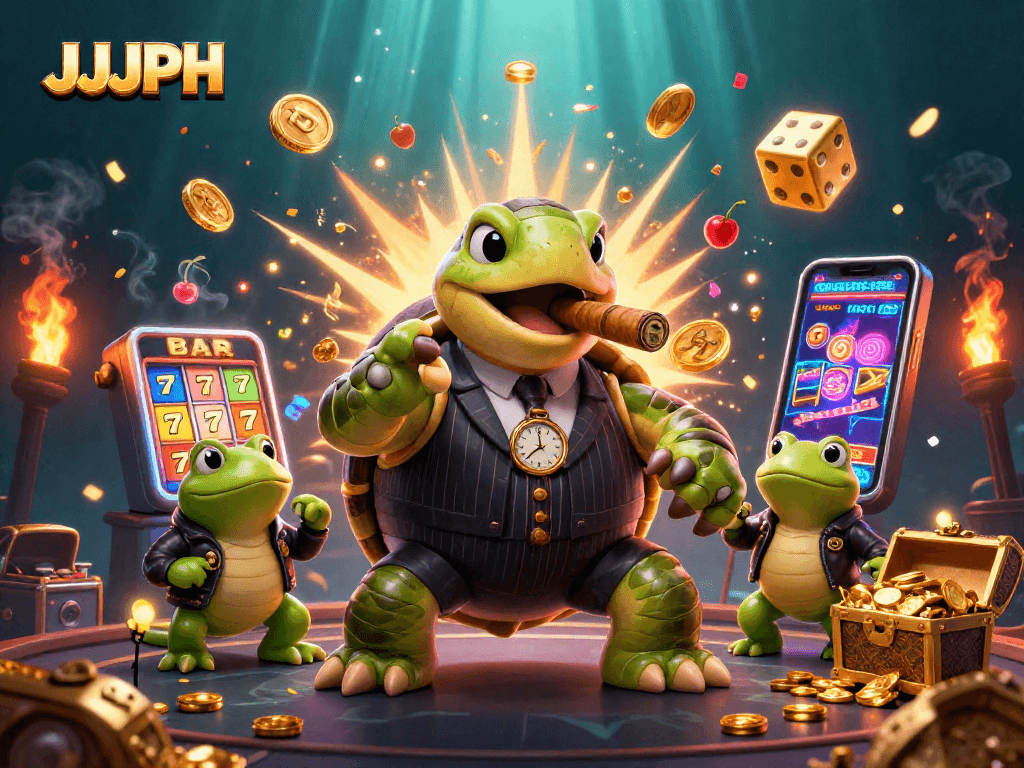 Win big with JJJPH at the casino, featuring a lively turtle and bullfrogs among vibrant gaming elements.
