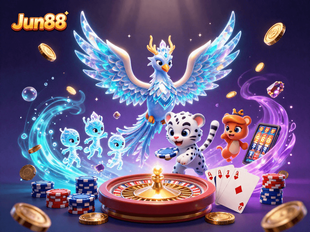 Experience the magic of Jun88 with the ice phoenix and playful cub in a vibrant casino scene.