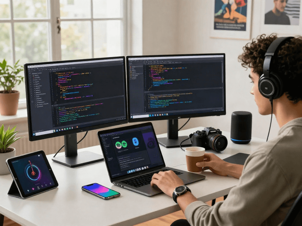 Developer coding with spotify mod apk on a laptop, dual monitors in a bright workspace.