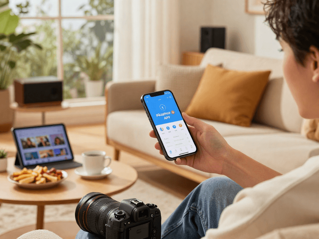 Pikashow APK featured on a smartphone in a cozy living room with snacks and tech gadgets.