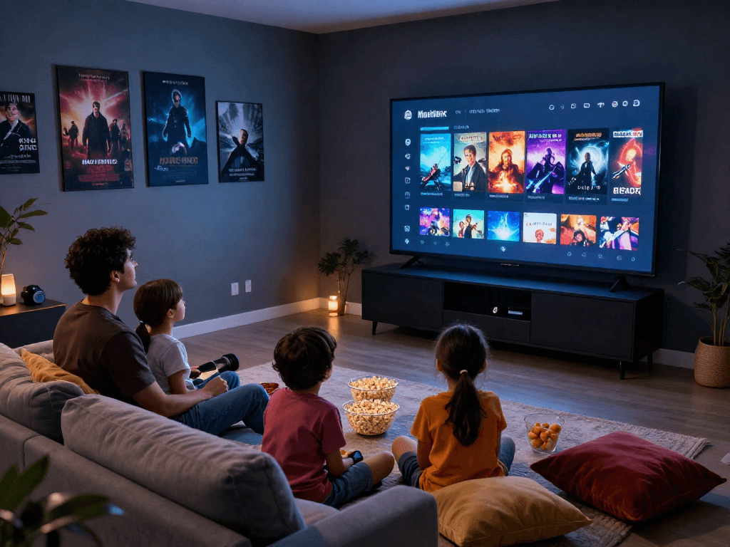 Family enjoying movie night with Moviebox app on TV, creating a cozy cinematic atmosphere.