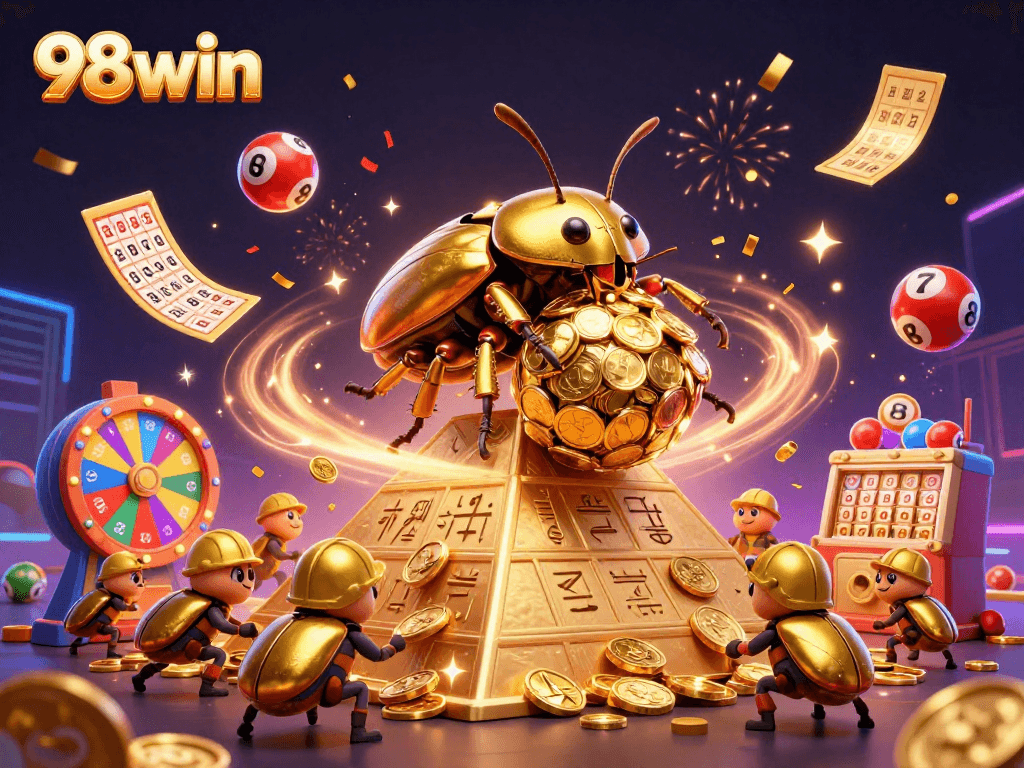 Engage with 98win's vibrant casino world through golden coins and dynamic lottery elements.