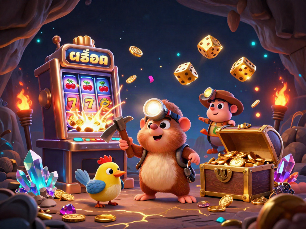 Engage with exciting สล็อต gameplay experiences featuring a cartoon mole mining treasure amidst dynamic casino elements.