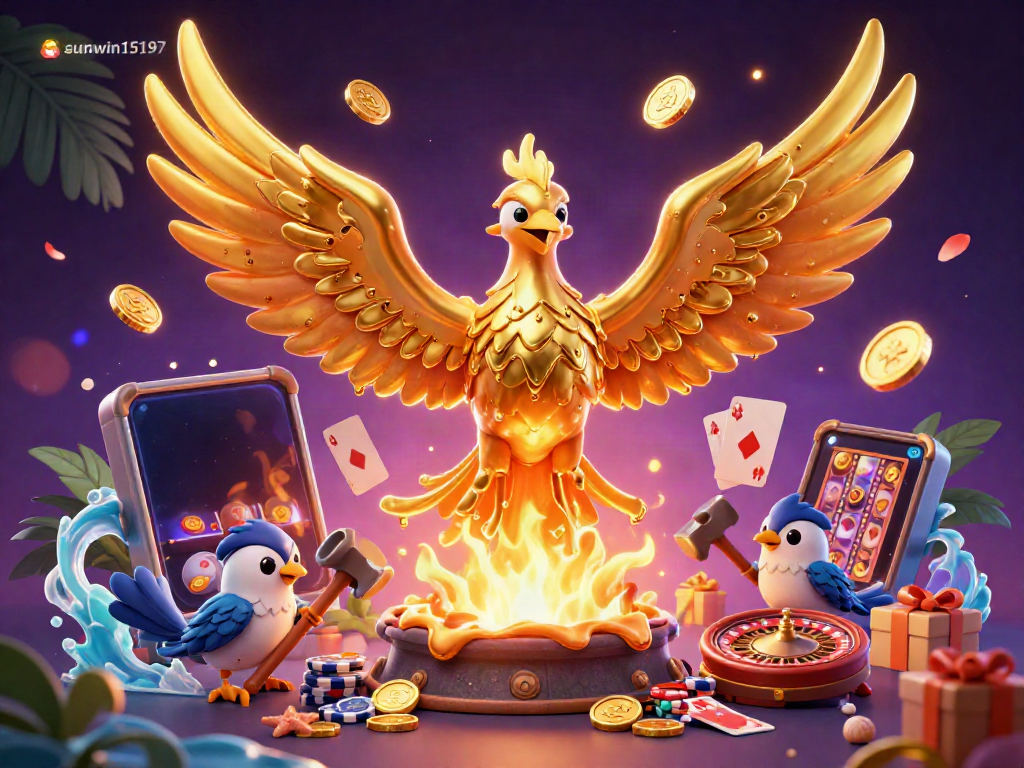 Experience thrilling gaming with sunwin15197, showcasing a vibrant 3D phoenix amidst casino elements and golden coins.