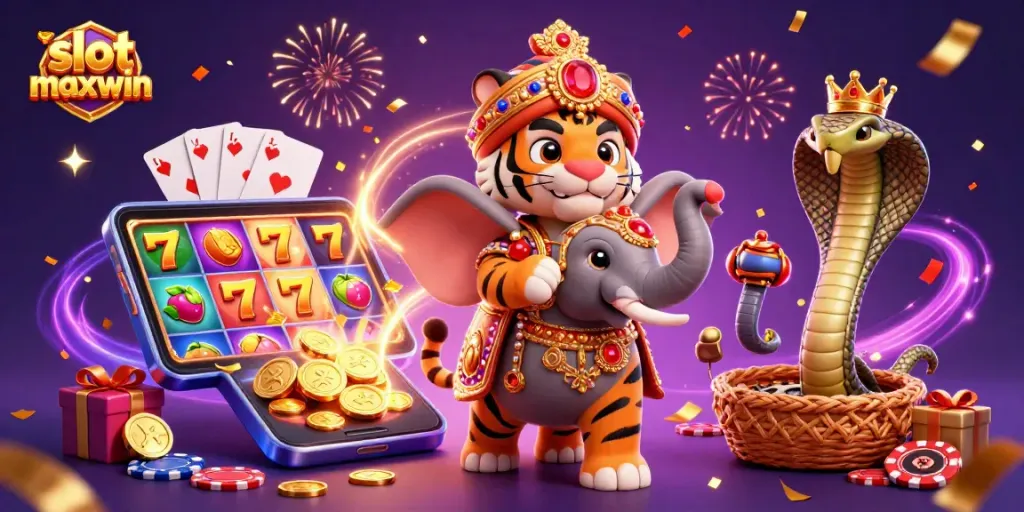 Experience the thrill of slot maxwin with a vibrant 3D casino illustration showcasing a jeweled mahout and exciting game elements.