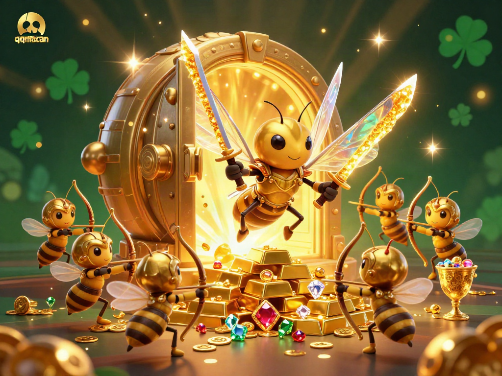 Engage in the thrilling world of qqmacan with a vibrant, action-packed casino scene featuring gold treasures and dynamic characters.