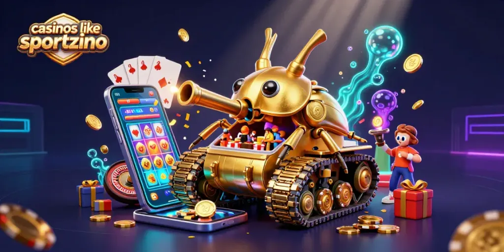 Engage with casinos like Sportzino in an ultra-detailed 3D scene featuring vibrant casino elements.