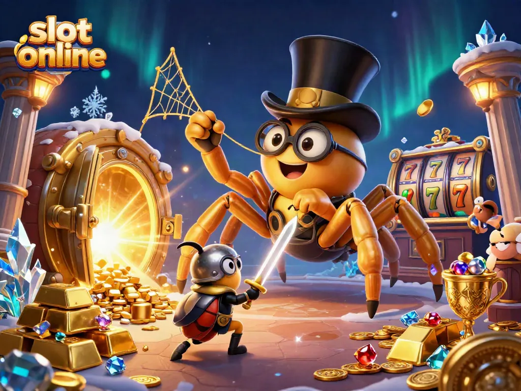 Engage with the action of slot online as a golden tarantula weaves gold thread amidst treasures.