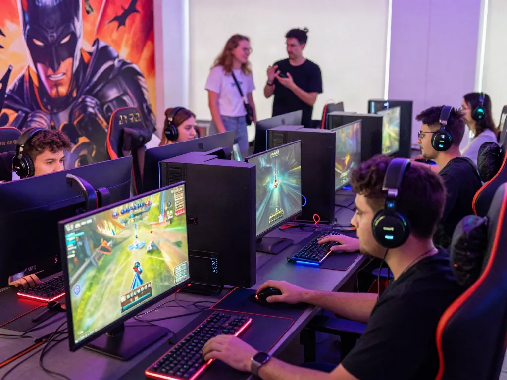 A lively gaming scene showcasing players engaged in intense gameplay on high-end systems with vibrant RGB lighting, highlighting the Batman138 experience.