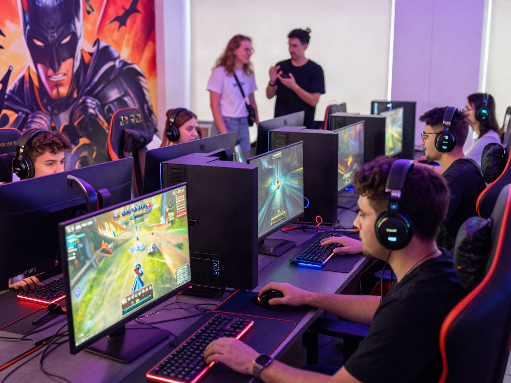 A lively gaming scene showcasing players engaged in intense gameplay on high-end systems with vibrant RGB lighting, highlighting the Batman138 experience.