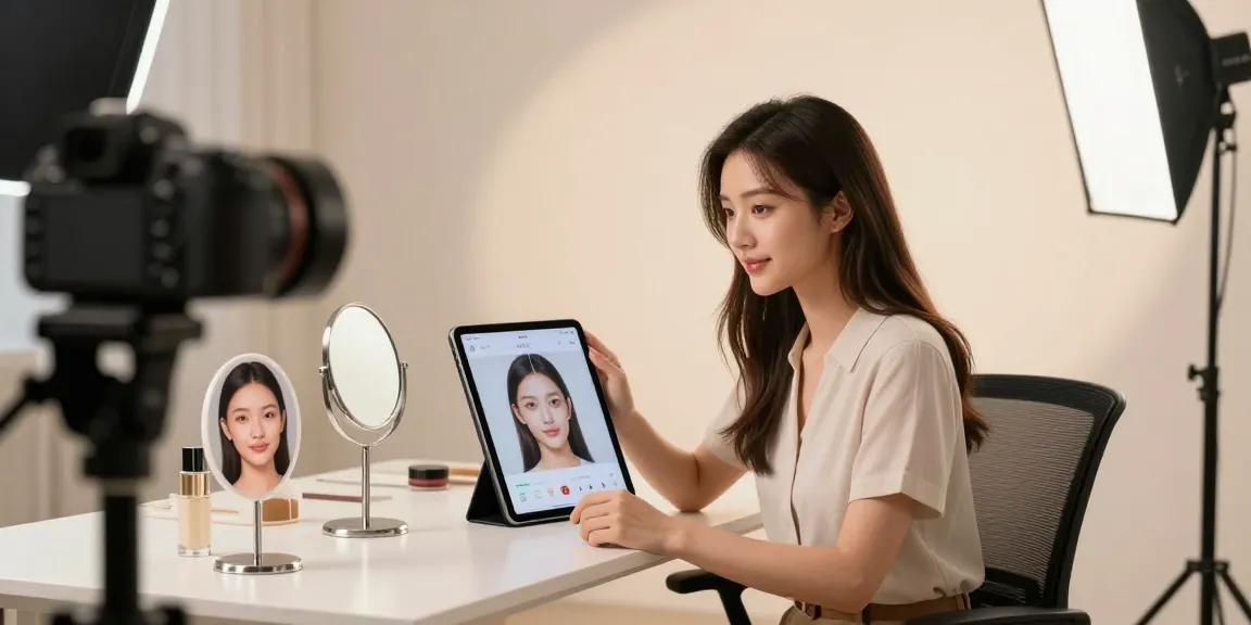 Attractiveness test featuring a young woman engaging with AI technology in a digital portrait studio.