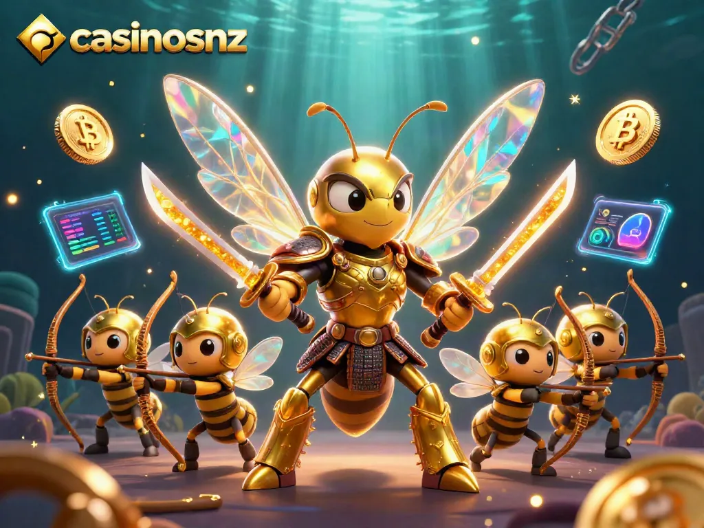Join the dynamic casino adventure with casinosnz, featuring a golden hornet and vibrant crypto elements.