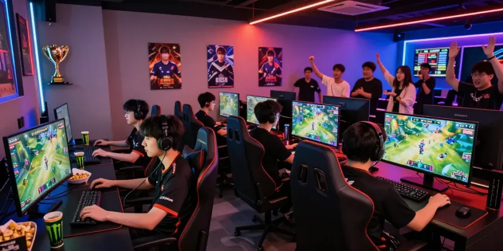 Intense gaming scene featuring QQMacan at a vibrant esports lounge.