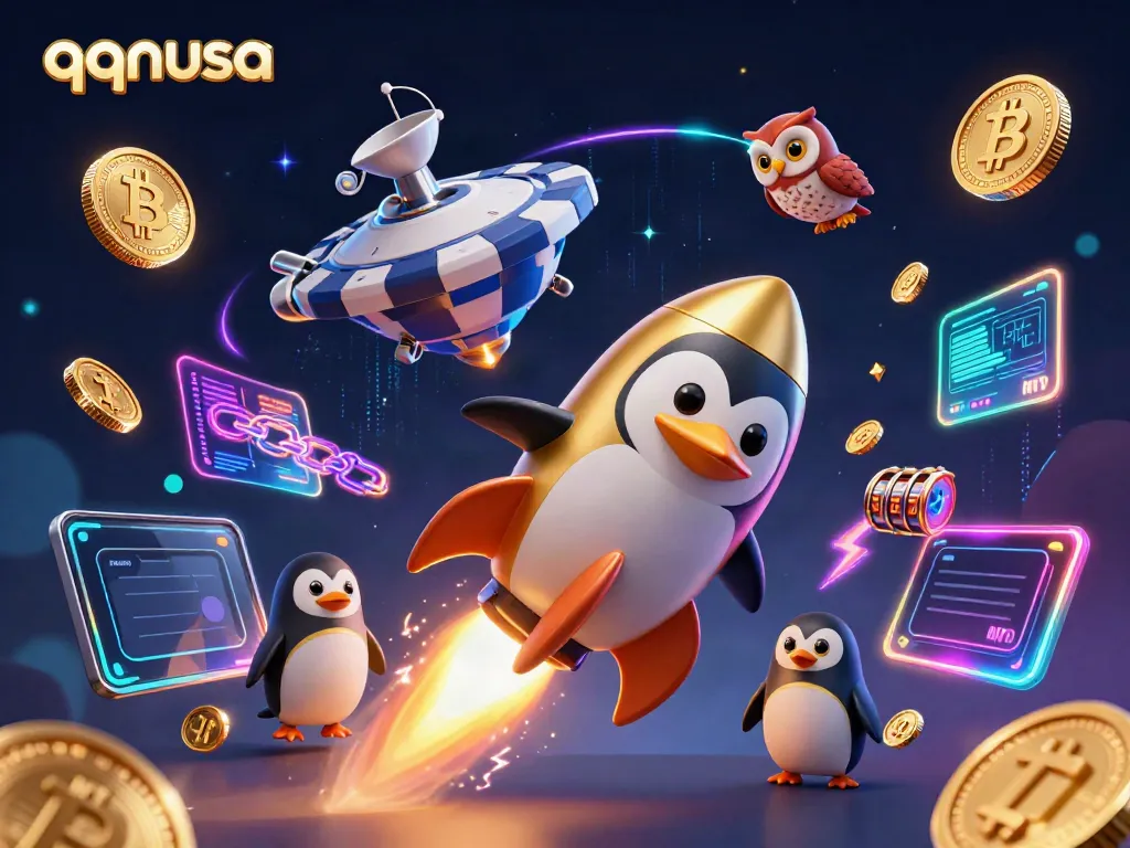 Spin to win with qqnusa as a golden penguin takes flight toward a vibrant casino in space.