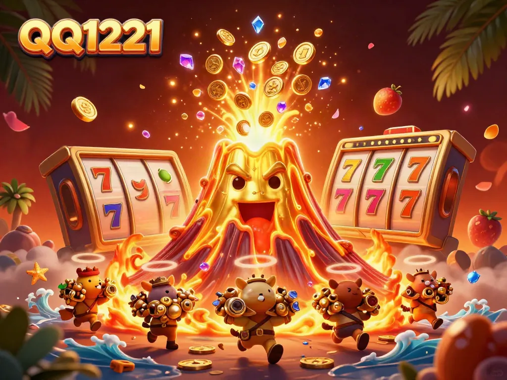 Play exciting slot games with QQ1221 in this vibrant casino-themed illustration.