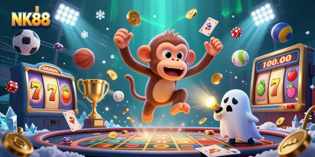 NK88 showcases an exciting gambling scene with a mischievous poltergeist monkey juggles golden coins.