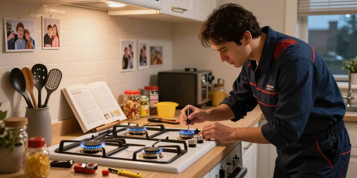 Gas stove repair technician diagnosing appliance in a cozy kitchen.